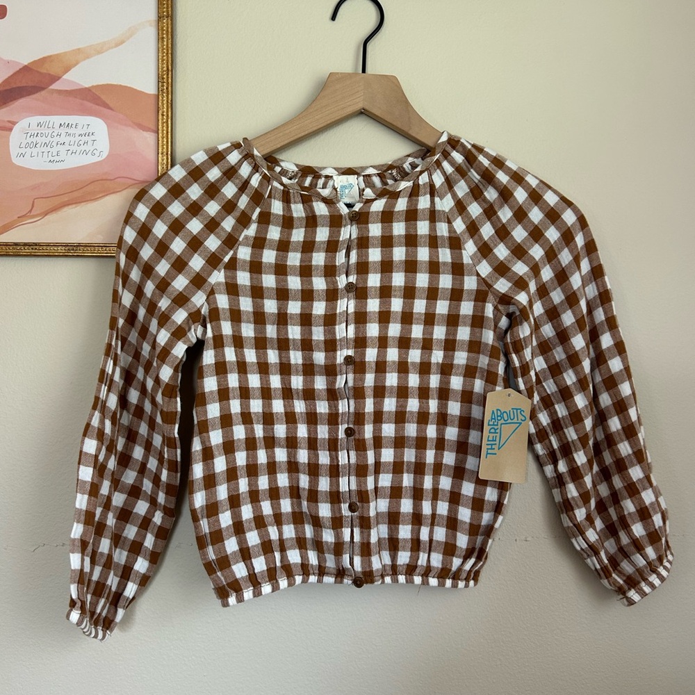 NWT Cat & Jack Brown & White Gingham Button-Down Top XXS (4/5)
